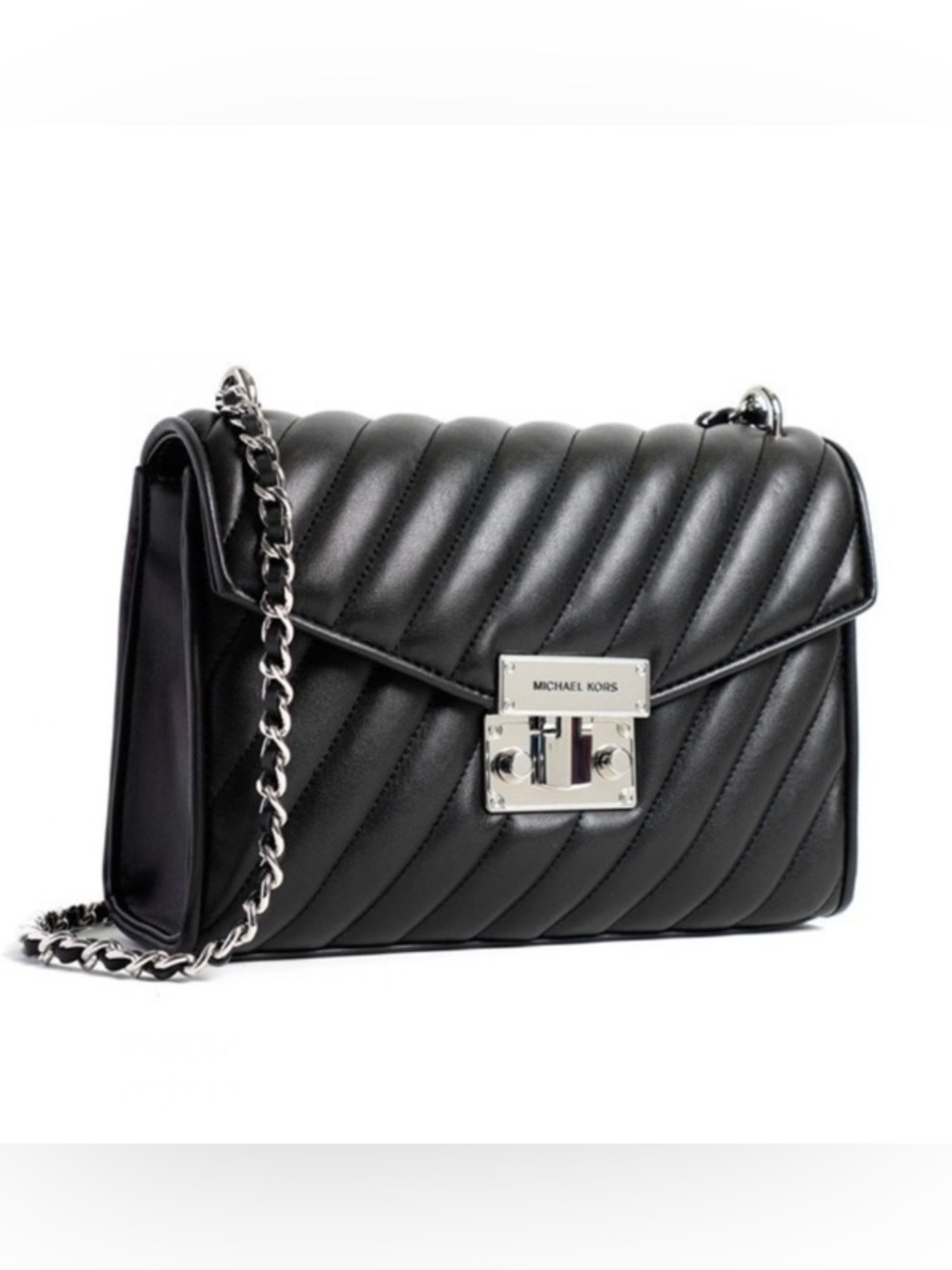 Michael Kors Black Quilted Leather Shoulder Bag w/Silver Chain Strap & Hardware.